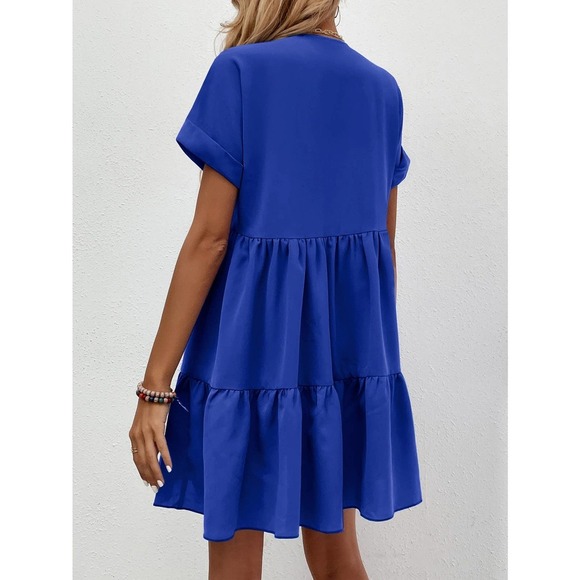 Roll Cuff short sleeve Ruffle Hem mini Dress black - Picture 7 of 11